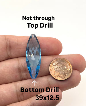 Natural Swiss Blue Topaz 39x12.5mm marquise briolette loose gemstone, AAA quality, top and bottom drilled, vibrant blue pendant stone for jewelry making.