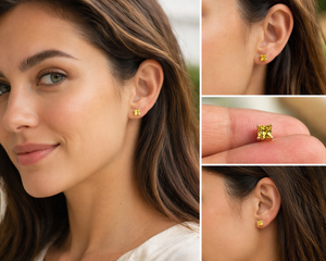 Woman wearing yellow sapphire studs styled with elegant outfit