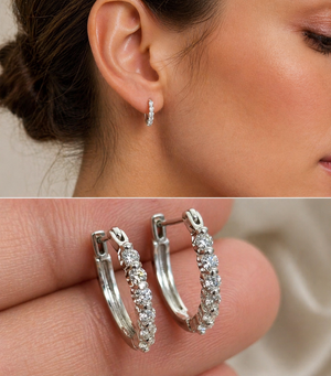 Model wearing small diamond hoop earrings styled for everyday elegance outfit