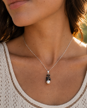 9–9.5 mm Freshwater Pearl & Black Diamond Necklace | 18K White Gold Briolette Diamond Pendant