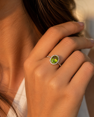 10x8 mm Natural Peridot & Diamond Ring | 14K Gold Oval Peridot Ring 0.25 Ct Diamond Size 6.5