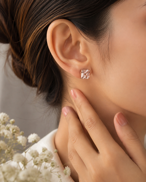 Morganite stud earrings worn on ears with elegant styling featuring Asscher cut Morganite earrings 