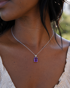 10x8mm Amethyst Pendant | 14K White Gold Emerald Cut Scroll Solitaire Necklace