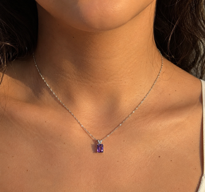 8x6mm Amethyst Pendant | 14K White Gold Emerald Cut Scroll Solitaire Necklace — February Birthstone Jewelry