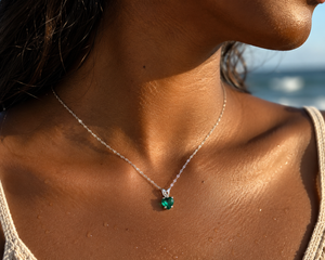 6mm Heart Lab Created 14K White Gold Emerald Pendant Necklace | Vintage Scroll Solitaire May Birthstone