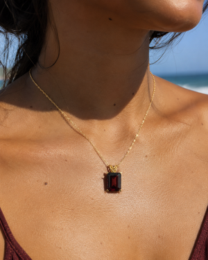 14x10mm Garnet Pendant | 14K Yellow Gold Emerald Cut Scroll Solitaire Necklace — January Birthstone Jewelry
