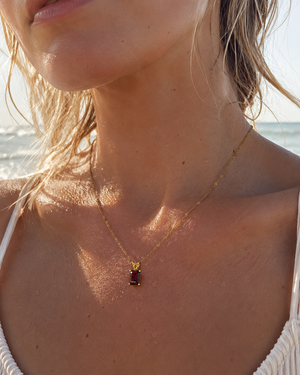 8x6mm Garnet Pendant | 14K Yellow Gold Emerald Cut Scroll Solitaire Necklace — January Birthstone Jewelry