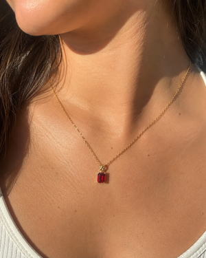 7x5mm Garnet Pendant | 14K Yellow Gold Emerald Cut Scroll Solitaire Necklace — January Birthstone Jewelry