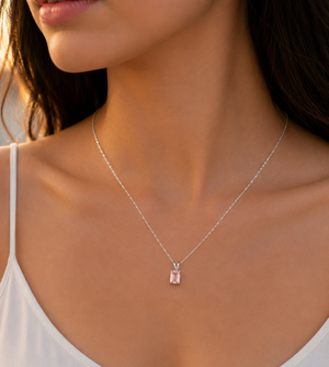 AAA emerald cut Morganite solitaire pendant in 14K white gold with Singapore chain