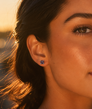 6mm Lab Alexandrite Stud Earrings | 14K White Gold Princess Solitaire Earrings — Color Change Fine Jewelry