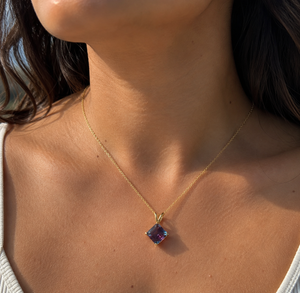 8mm Asscher Cut Lab Created Alexandrite Pendant | 14K Yellow Gold Solitaire Necklace — Color Change Fine Jewelry
