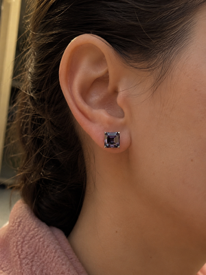 8mm Asscher Cut Lab Created Alexandrite Stud Earrings | 14K White Gold Color Change Earrings