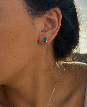 7mm Cushion Cut Lab Created Emerald Stud Earrings | 14K White Gold Solitaire Earrings