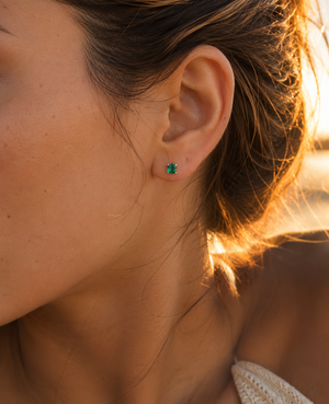 5mm Asscher Cut Lab Created Emerald Stud Earrings | 14K White Gold Solitaire Earrings