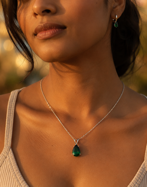 14x9mm Pear Cut Lab Created Emerald Pendant | 14K White Gold Solitaire Necklace – May Birthstone Jewelry