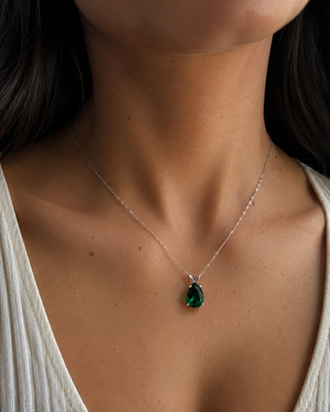 10x7mm Pear Cut Lab Created Emerald Pendant | 14K White Gold Solitaire Necklace – May Birthstone Jewelry