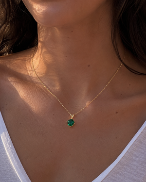 8mm Cushion Cut Lab Created Emerald Pendant | 14K Yellow Gold Solitaire Necklace – May Birthstone Jewelry