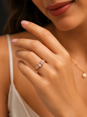 Woman wearing a 14K Two Tone Morganite Ring for an elegant anniversary celebration 