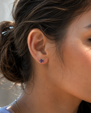 5mm Asscher Cut Lab Created Alexandrite Stud Earrings | 14K White Gold Color Change Earrings