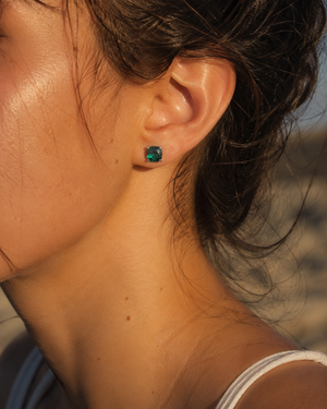 8mm Cushion Checkered Lab Created Emerald Stud Earrings | 14K White Gold Solitaire Earrings