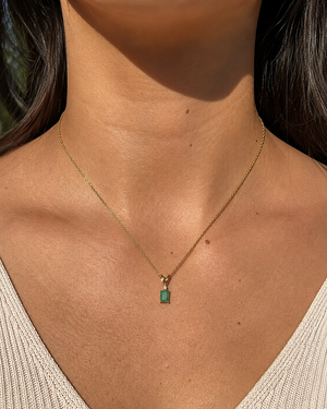 7x5 mm Natural Emerald Pendant | 14K Yellow Gold AA Emerald Cut Necklace with Diamond Accent Gift for Her