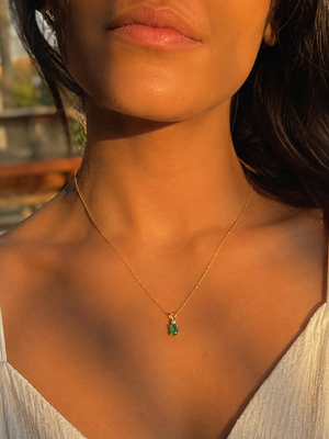 6x4 mm Natural Emerald Pendant | 14K Yellow Gold AA Oval Solitaire Necklace with Diamond Accent Gift for Her