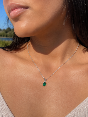 6x4 mm Natural Emerald Pendant | 14K White Gold AA Oval Solitaire Necklace with Diamond Accent Gift for Her