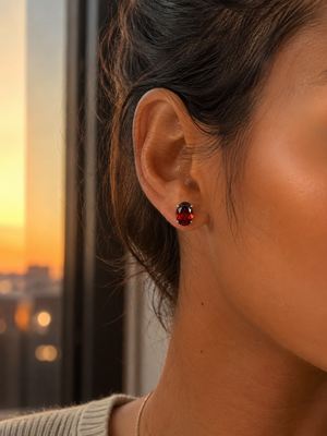 8x6 mm Natural Garnet Stud Earrings | 14K White Gold AAA Oval Gemstone Earrings Gift for Her