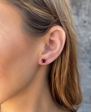 6 mm Natural Garnet Stud Earrings | 14K White Gold AAA Princess Cut Gemstone Earrings Gift Idea