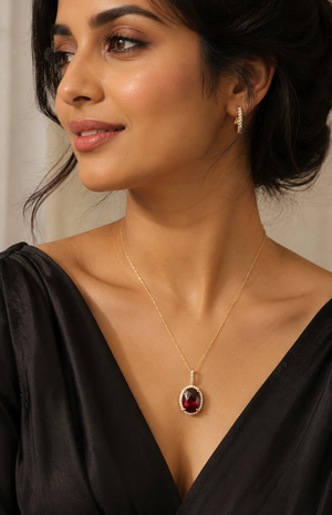 Woman wearing garnet necklace pendant for elegant anniversary jewelry styling