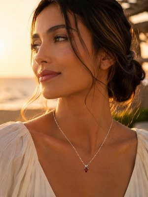 14K white gold Garnet pendant necklace with oval solitaire gemstone in prong setting elegant jewelry