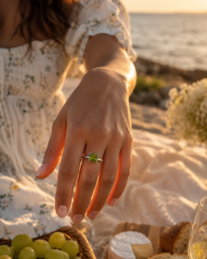 6mm Peridot Ring | 14K White Gold Princess Solitaire Ring — Natural Green Gemstone Jewelry Size 8