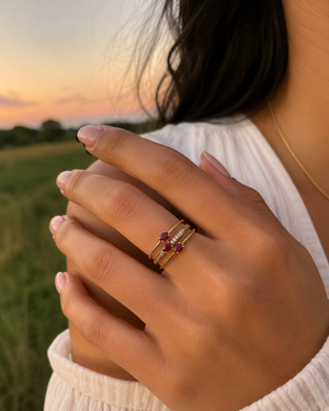 4x3mm Natural Ruby & Diamond Stack Ring | 14K Yellow Gold 3-Row Ruby Ring — July Birthstone Jewelry