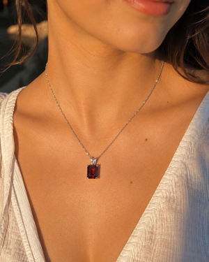 9x7mm Garnet Pendant | 14K White Gold Emerald Scroll Solitaire Necklace — January Birthstone Jewelry