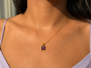 7mm Lab Alexandrite Pendant | 14K Yellow Gold Princess Scroll Solitaire Necklace — Color Change Fine Jewelry