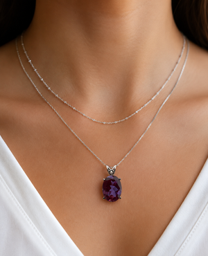 18x13mm Lab Created Alexandrite Scroll Pendant | 14K White Gold Oval Alexandrite Necklace — Statement Gift for Her