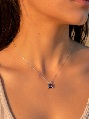 Lab Alexandrite Pendant | 14K White Gold 7mm Princess Solitaire Necklace — Color Change Jewelry Gift