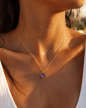 Lab Alexandrite Pendant | 14K Yellow Gold 7mm Princess Solitaire Necklace — Color Change Fine Jewelry