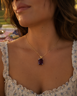 Lab Alexandrite Pendant | 14K Yellow Gold 16x12mm Emerald Solitaire Necklace — Statement Color Change Jewelry