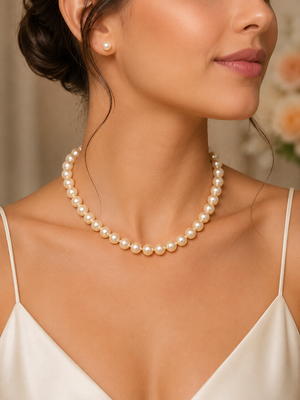 Woman wearing pearl strand necklace styled for anniversary dinner timeless bridal jewelry