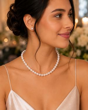 Woman wearing Akoya pearl necklace styled for wedding celebration elegant classic jewelry accessory