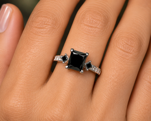 Black Diamond Engagement Ring | 14K White Gold Three Stone Princess Cut — Modern Bridal Statement Ring Size 7