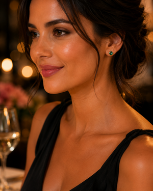 Woman wearing emerald stud earrings at birthday dinner with elegant evening styling gemstone jewelry