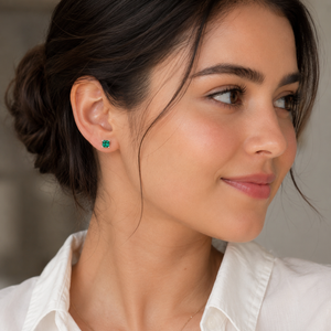 5mm Lab Created Emerald Scroll Stud Earrings | 14K White Gold Princess Cut Earrings