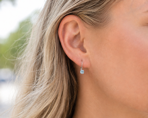 5mm Natural Aquamarine Scroll Leverback Earrings | 14K White Gold Round Aquamarine Earrings — Elegant Gift for Her