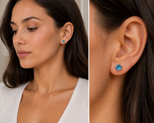 Woman wearing blue gemstone stud earrings styled for everyday elegant look