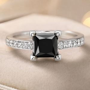 Black & White Diamond Ring 18K White Gold | 1.20 Ct Princess Cut Diamond Engagement Ring, Luxury Statement Gift Ring Size 6