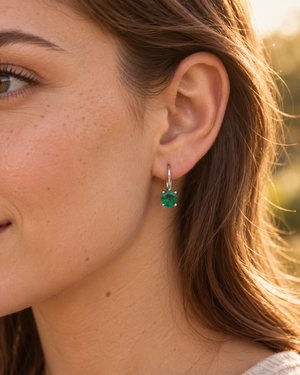 5.5mm Natural Emerald Leverback Earrings | 14K White Gold AA Round Emerald 0.95–1.41 Ct
