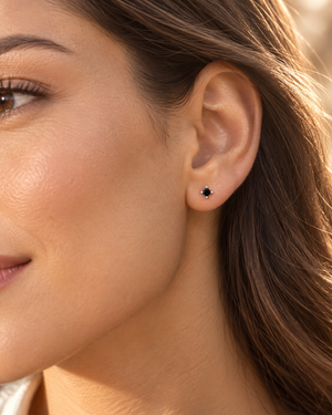 Princess cut black diamond stud earrings worn on ear in evening styling, 18K white gold black diamond earrings 