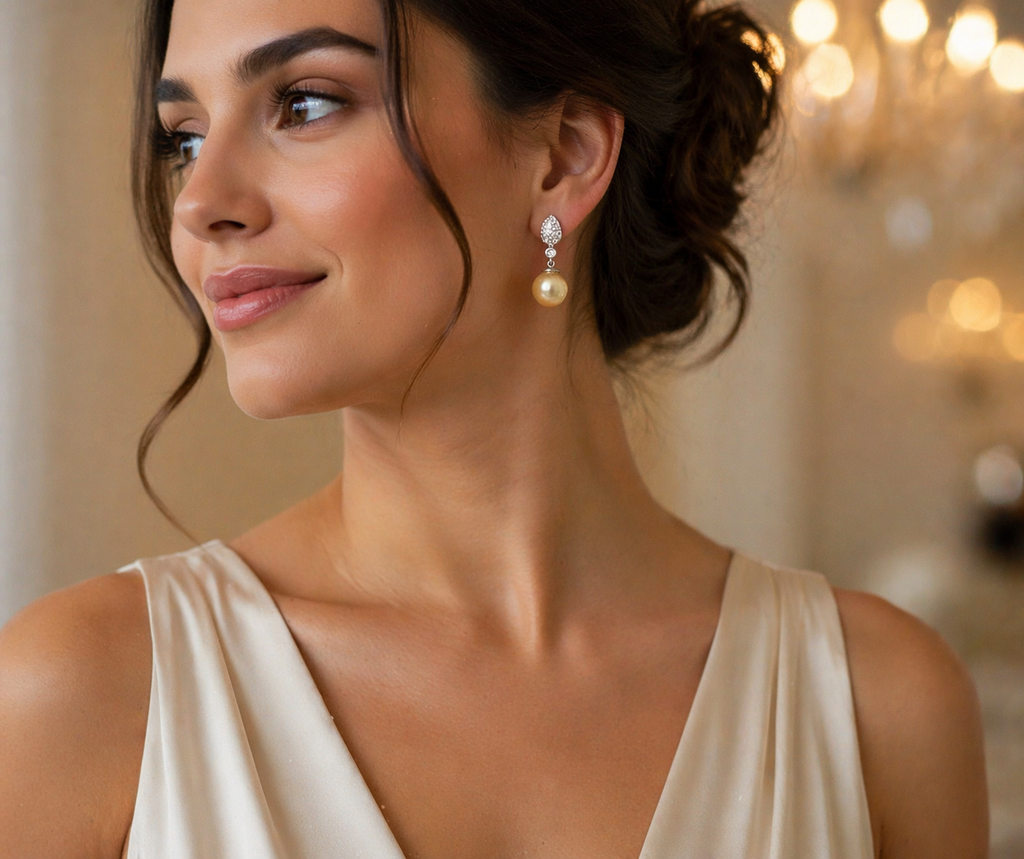 Woman wearing pearl drop earrings with elegant evening dress